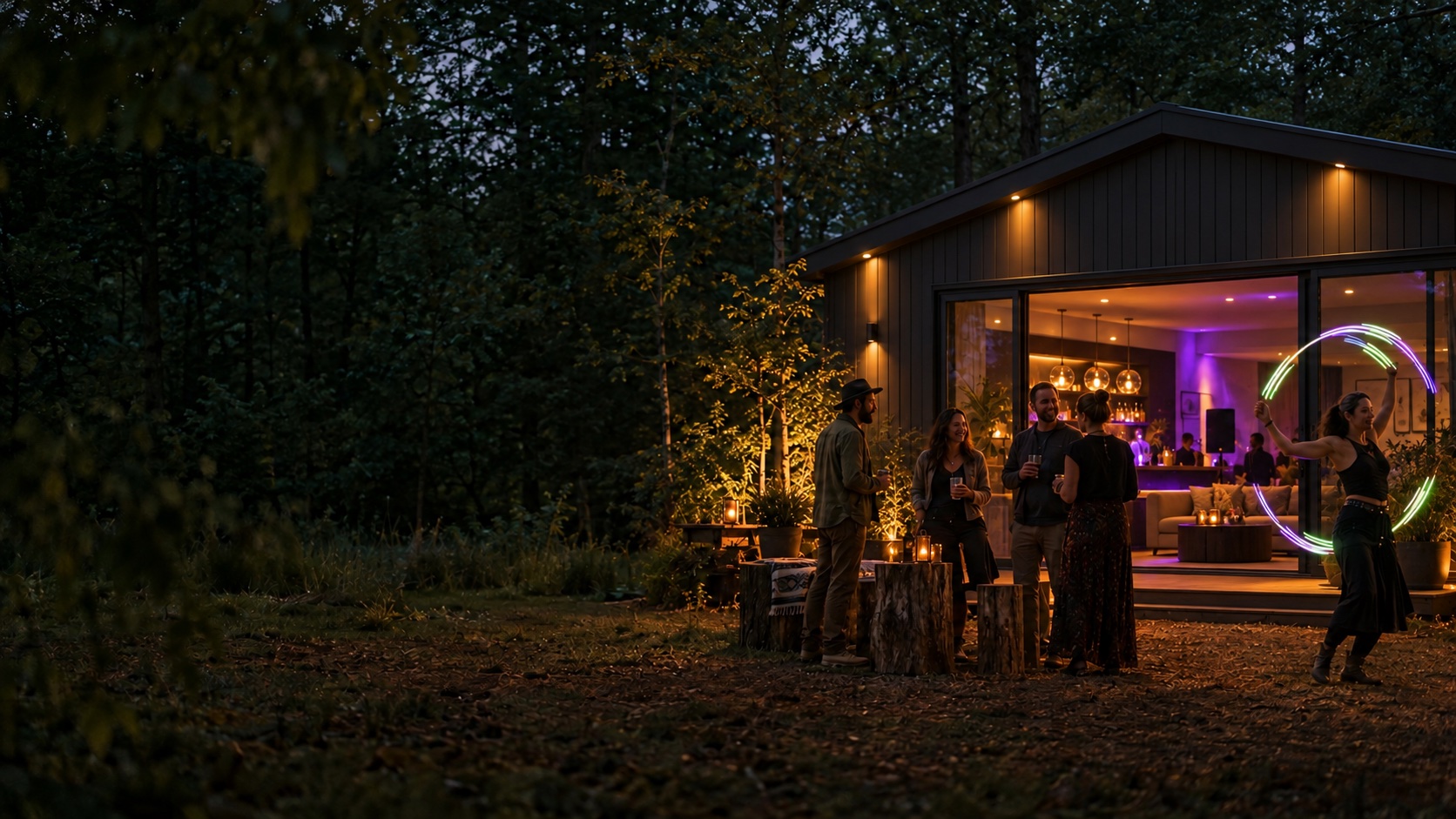 Concept: friends gathering beside a warmly lit timber social space, with LED poi at dusk